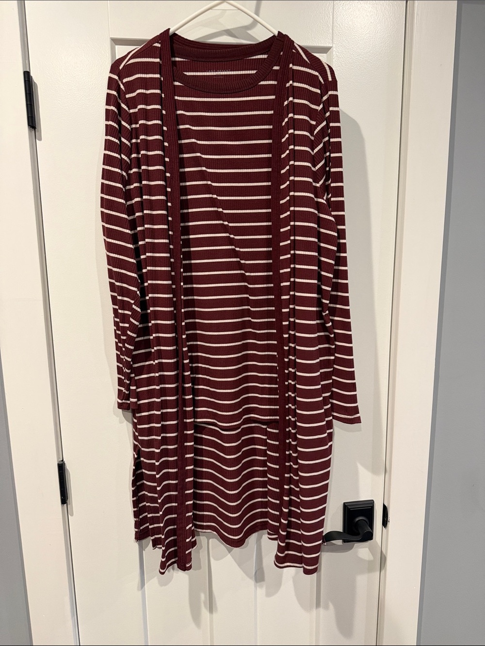 Lane Bryant Burgundy and Cream Striped Long Cardigan
